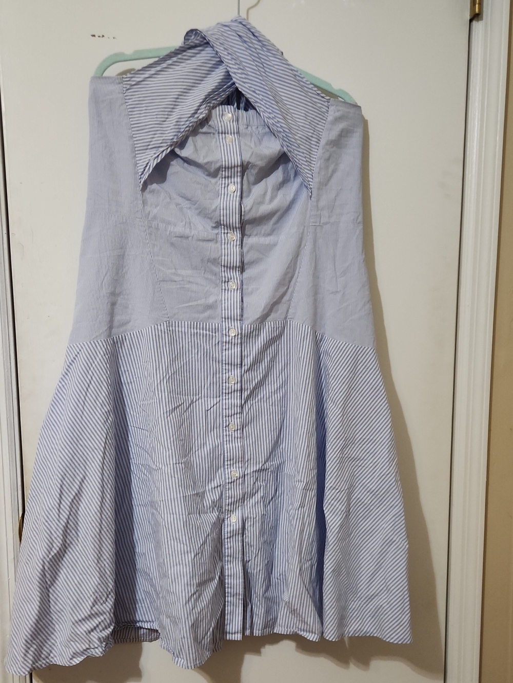 Sleeveless Light Blue Striped Maxi Shirt Dress with Button Front